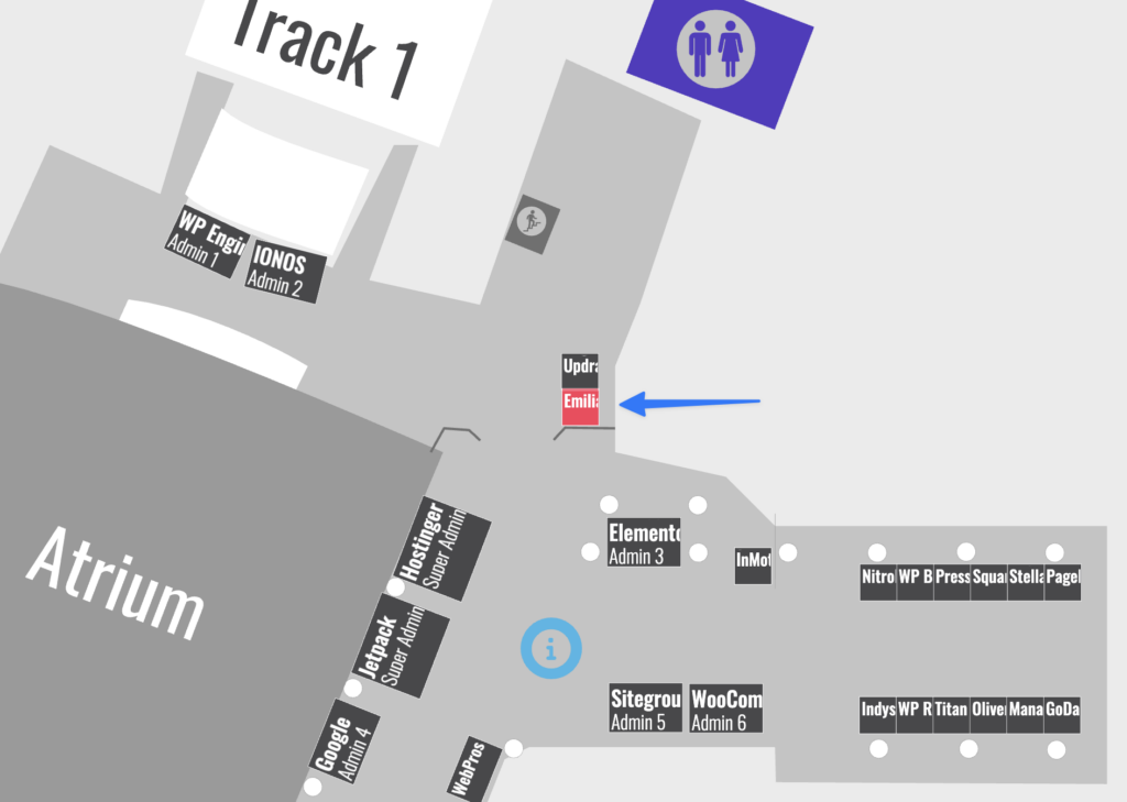 Map showing the Emilia Capital booth location. If you're leaving track 1 and go to the left, you'll walk straight into our booth, with Updraft having a booth to our left.