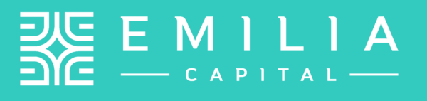 Emilia capital logo horizontal, white on turquoise background